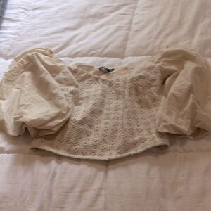 Express cream crop blouse with sweetheart neck and puff sleeves, small.
